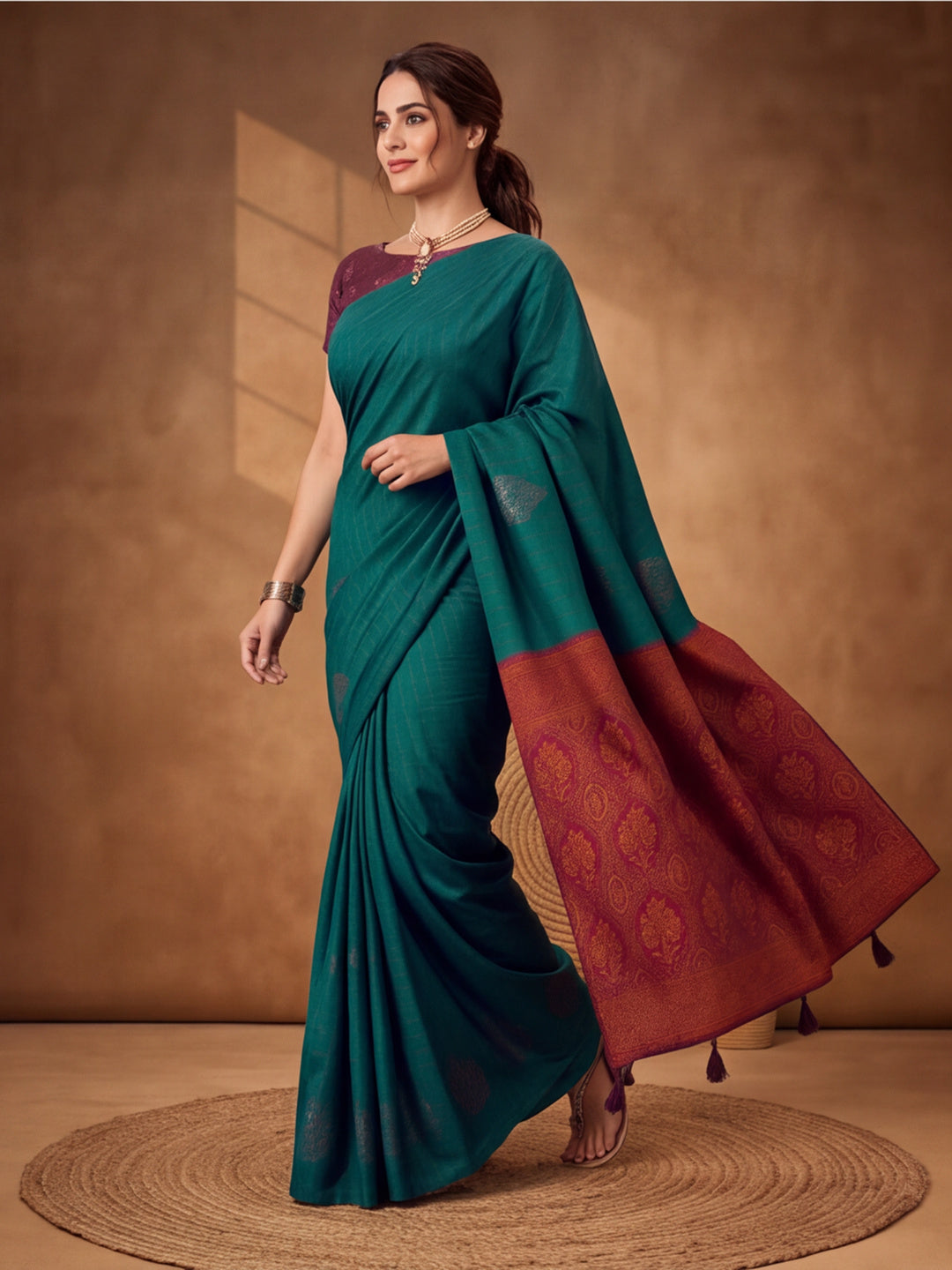 Women Green Banarasi Silk Blend Saree with Zari Butti Woven Pallu and Tassels
