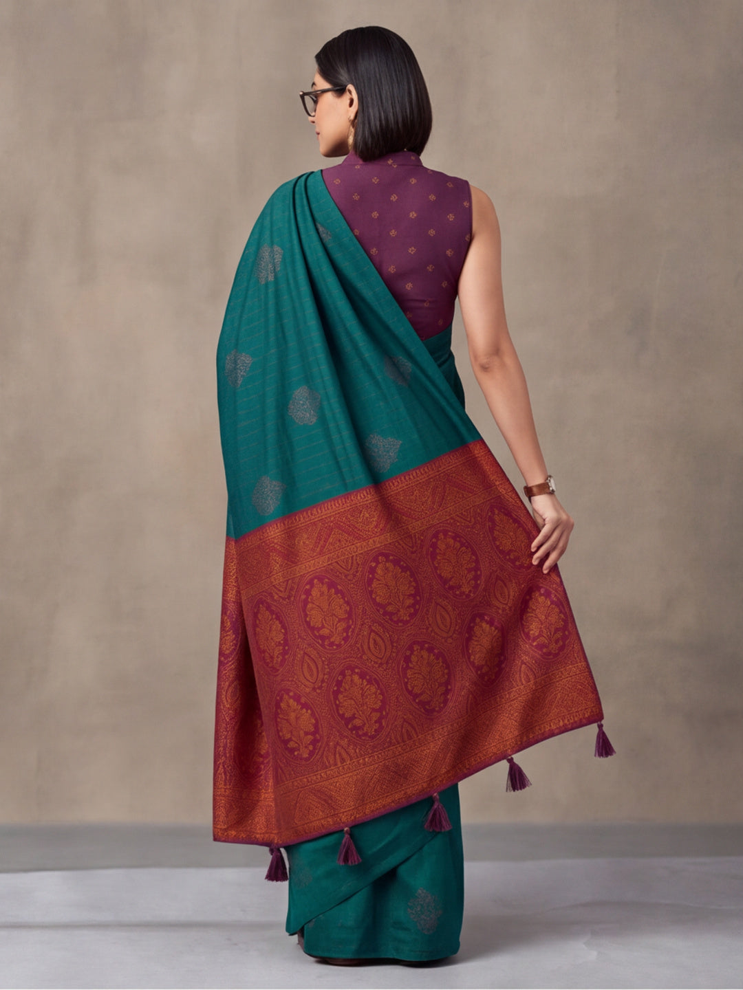 Women Green Banarasi Silk Blend Saree with Zari Butti Woven Pallu and Tassels