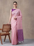 Women Pink Banarasi Silk Blend Saree with Silver Zari Butti Woven Pallu