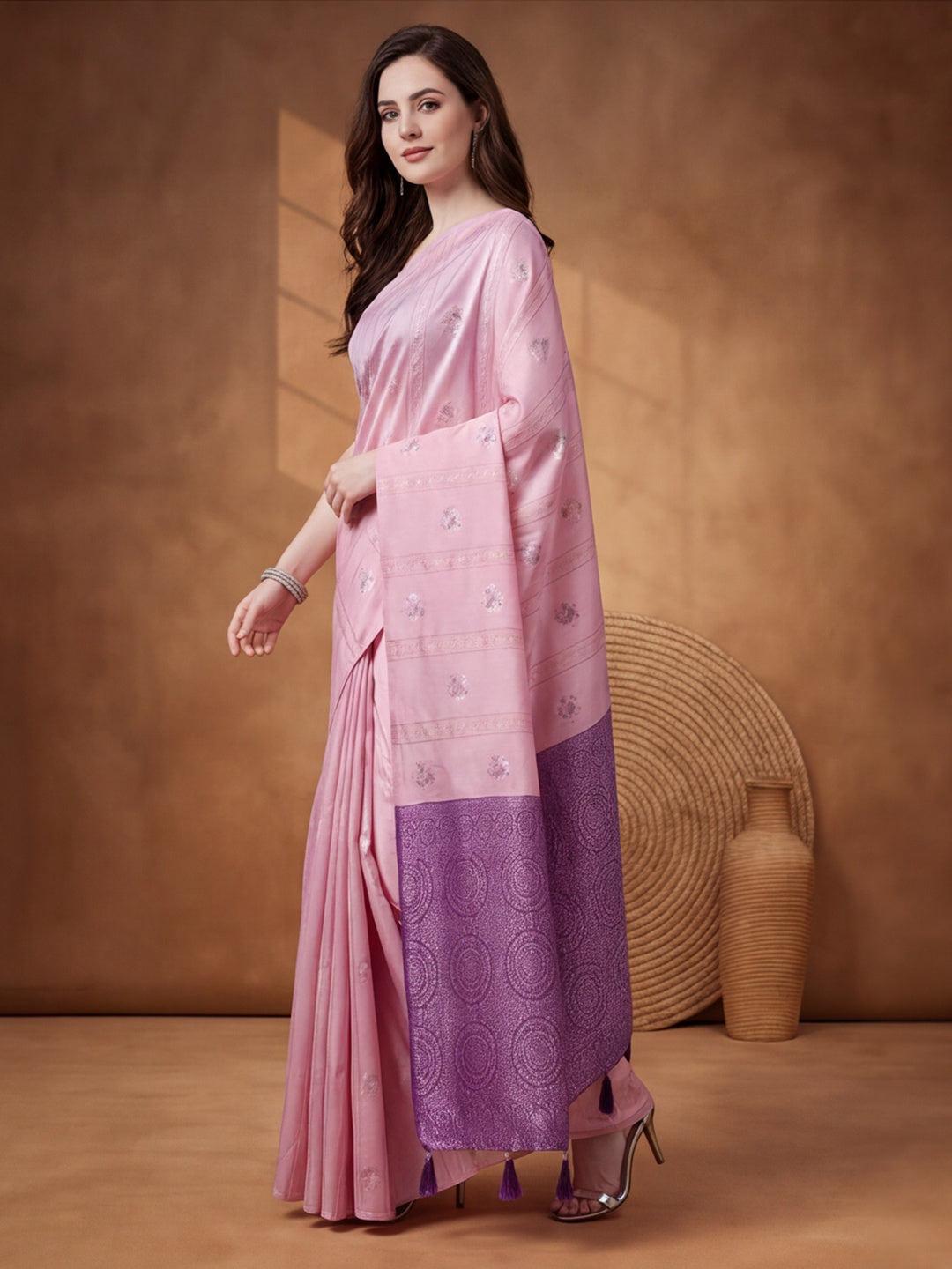 Women Pink Banarasi Silk Blend Saree with Silver Zari Butti Woven Pallu