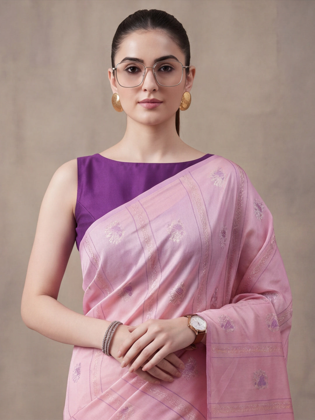 Women Pink Banarasi Silk Blend Saree with Silver Zari Butti Woven Pallu