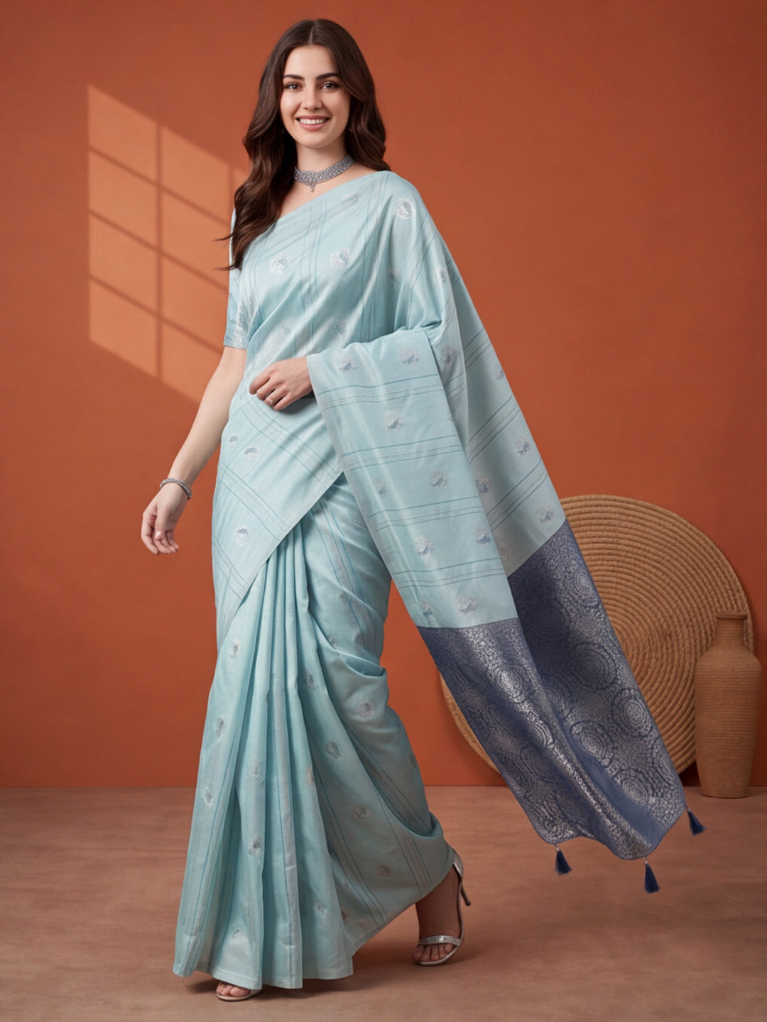 Women Blue Banarasi Silk Blend Saree with Silver Zari Butti Woven Pallu