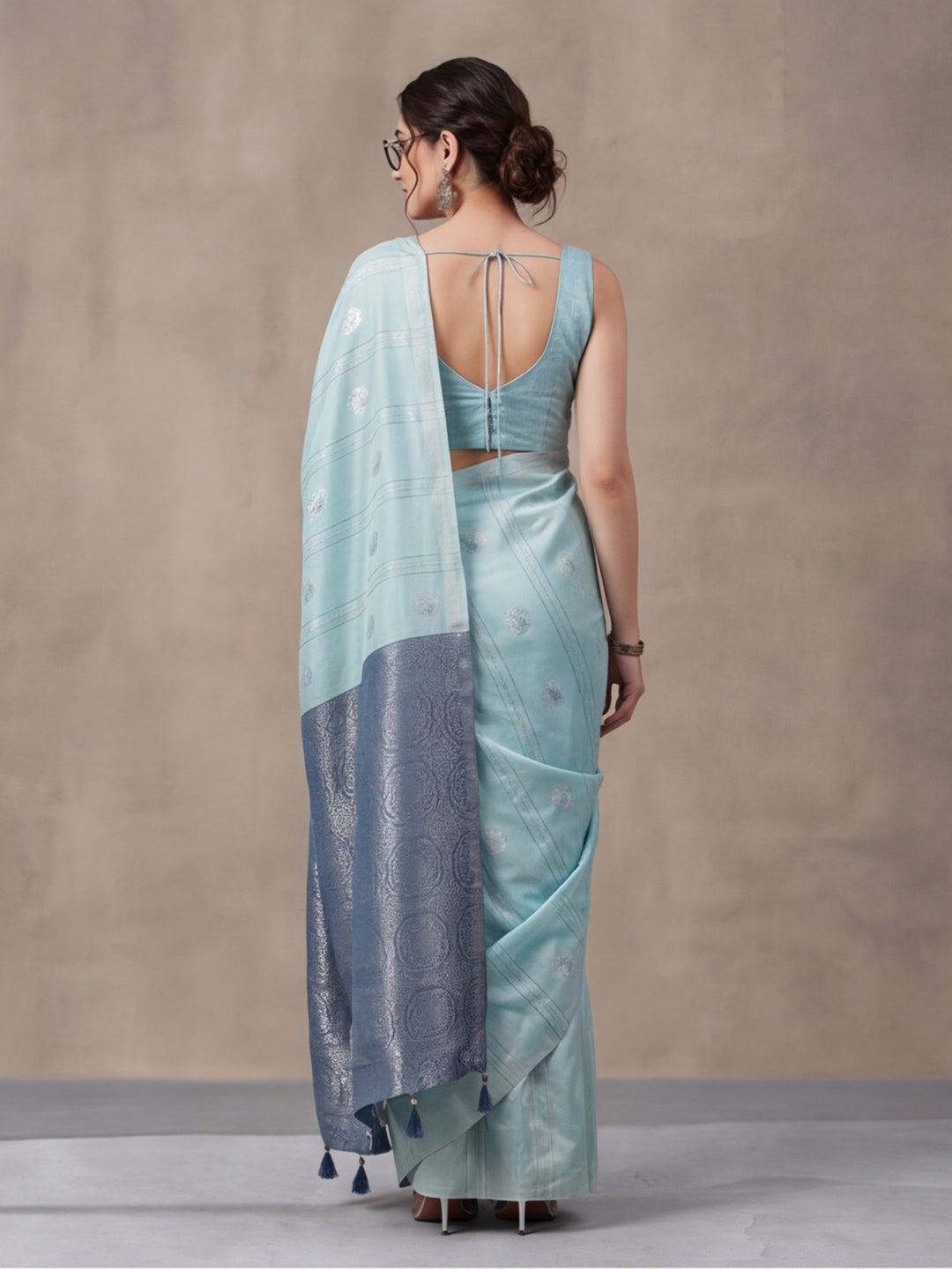 Women Blue Banarasi Silk Blend Saree with Silver Zari Butti Woven Pallu