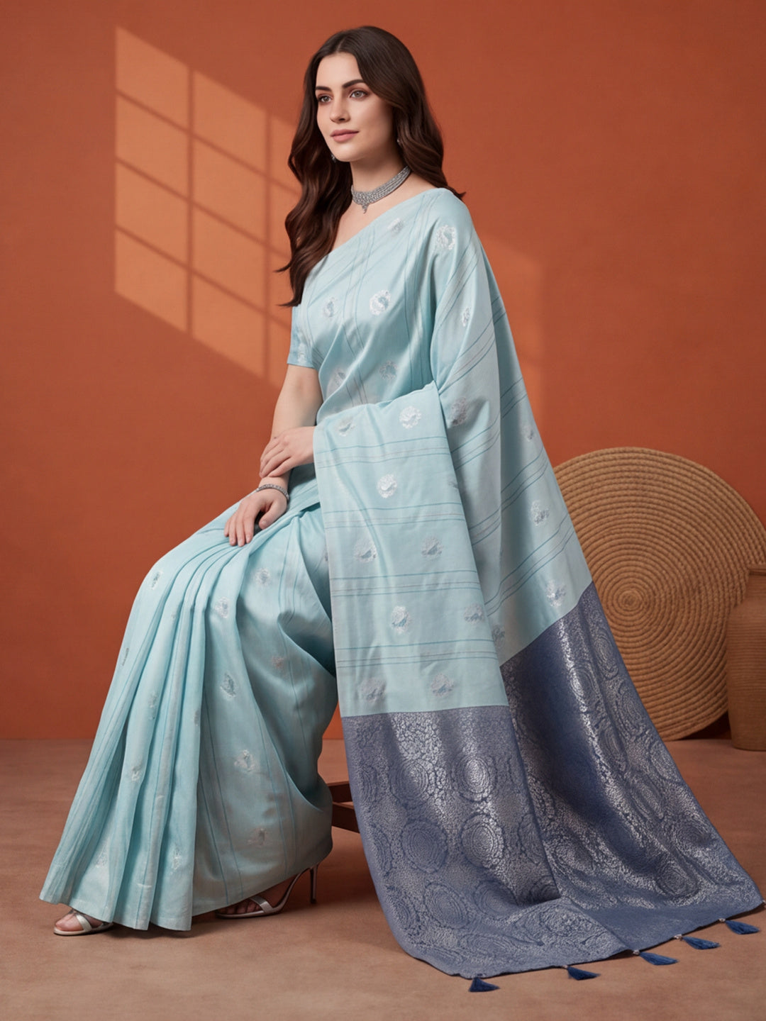 Women Blue Banarasi Silk Blend Saree with Silver Zari Butti Woven Pallu