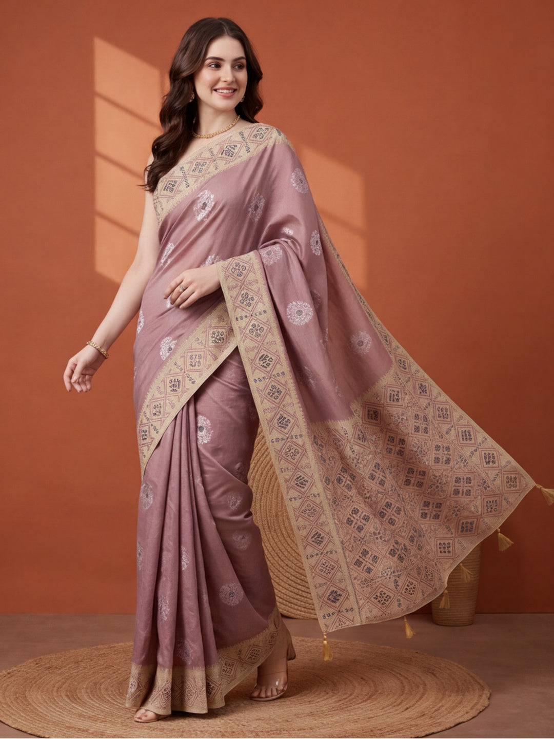 Women Mauve Banarasi Silk Blend Saree with Ethnic Woven Border and Tassel Detail
