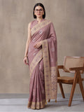 Women Mauve Banarasi Silk Blend Saree with Ethnic Woven Border and Tassel Detail