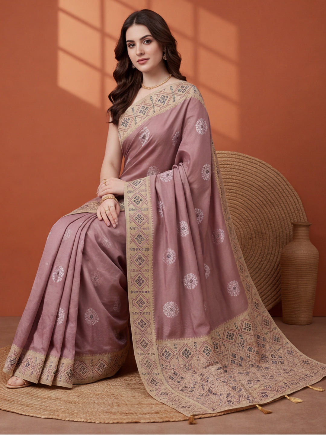 Women Mauve Banarasi Silk Blend Saree with Ethnic Woven Border and Tassel Detail