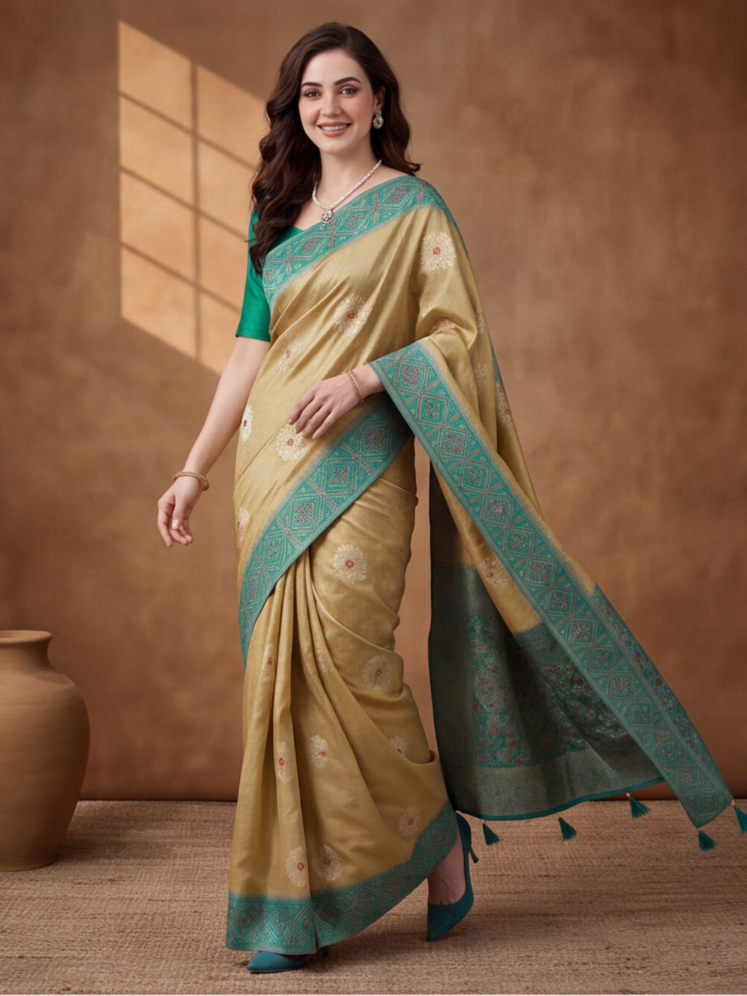 Women Beige Banarasi Silk Blend Saree with Ethnic Woven Border and Tassel Detail