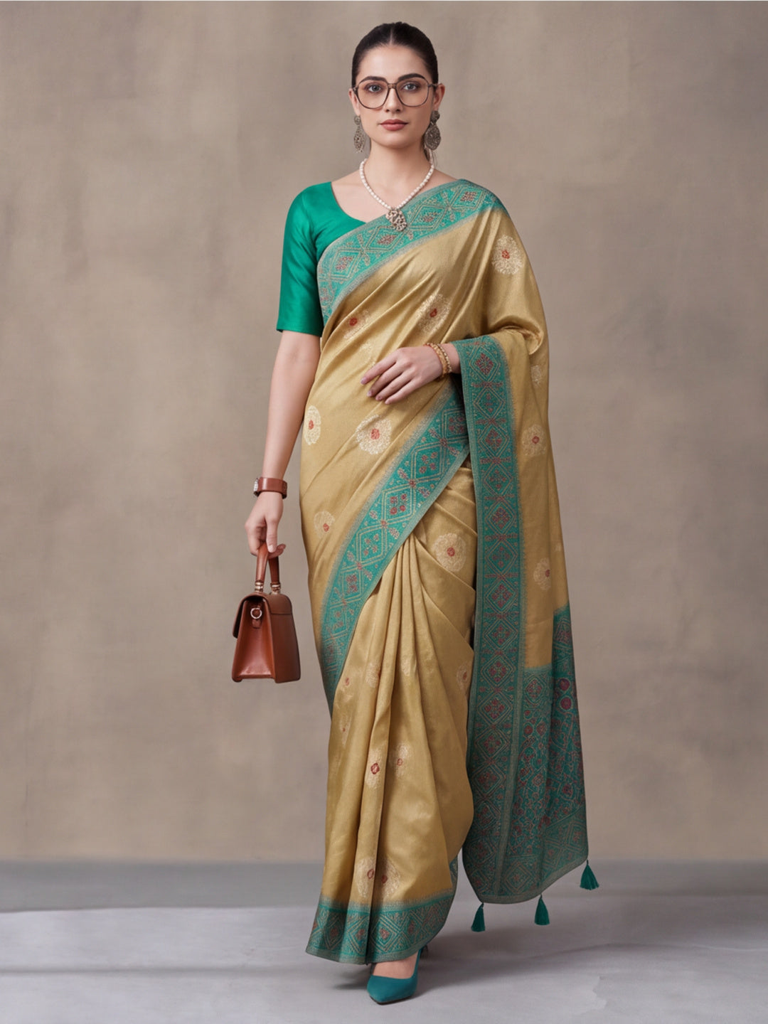 Women Beige Banarasi Silk Blend Saree with Ethnic Woven Border and Tassel Detail