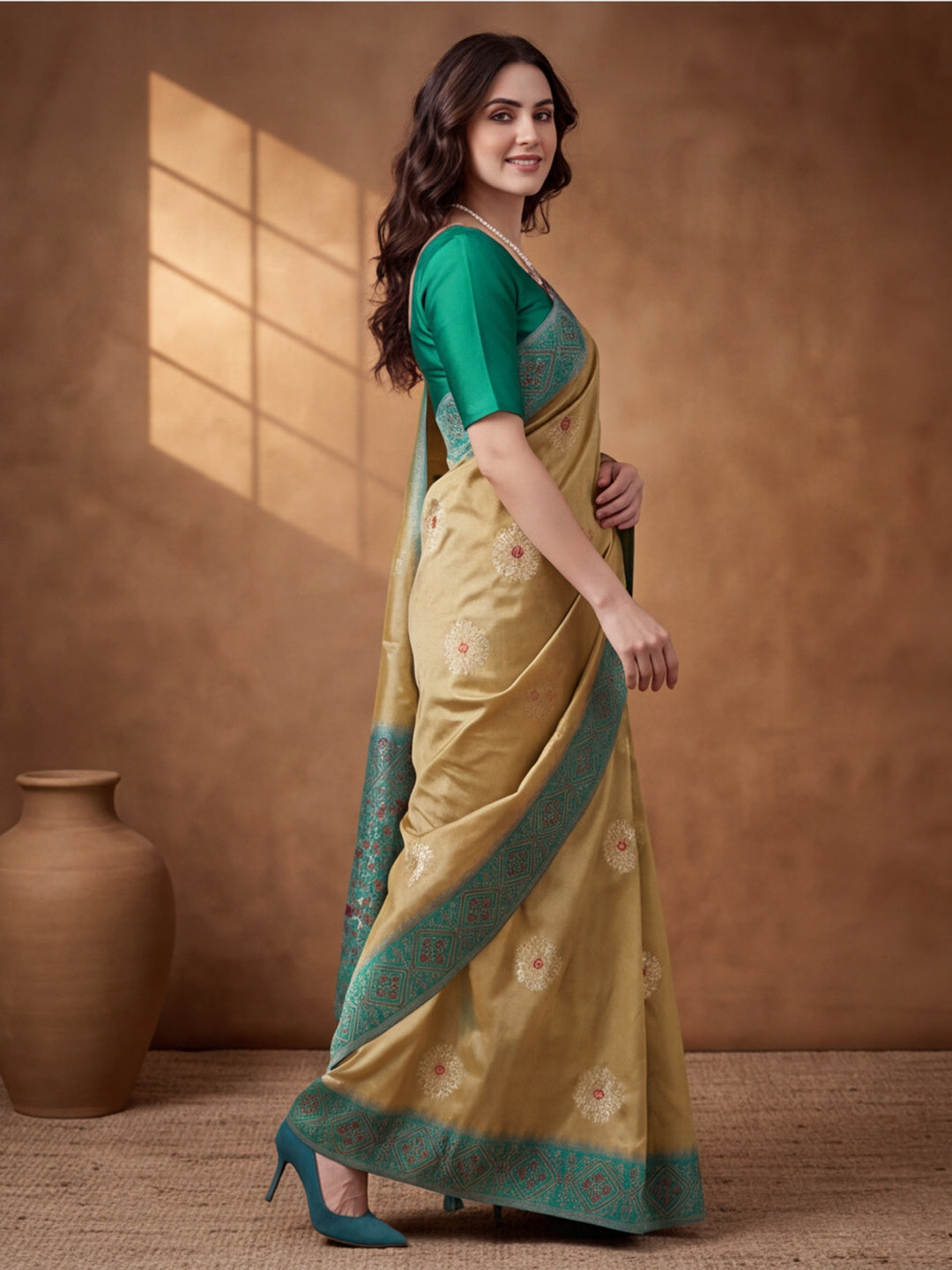 Women Beige Banarasi Silk Blend Saree with Ethnic Woven Border and Tassel Detail