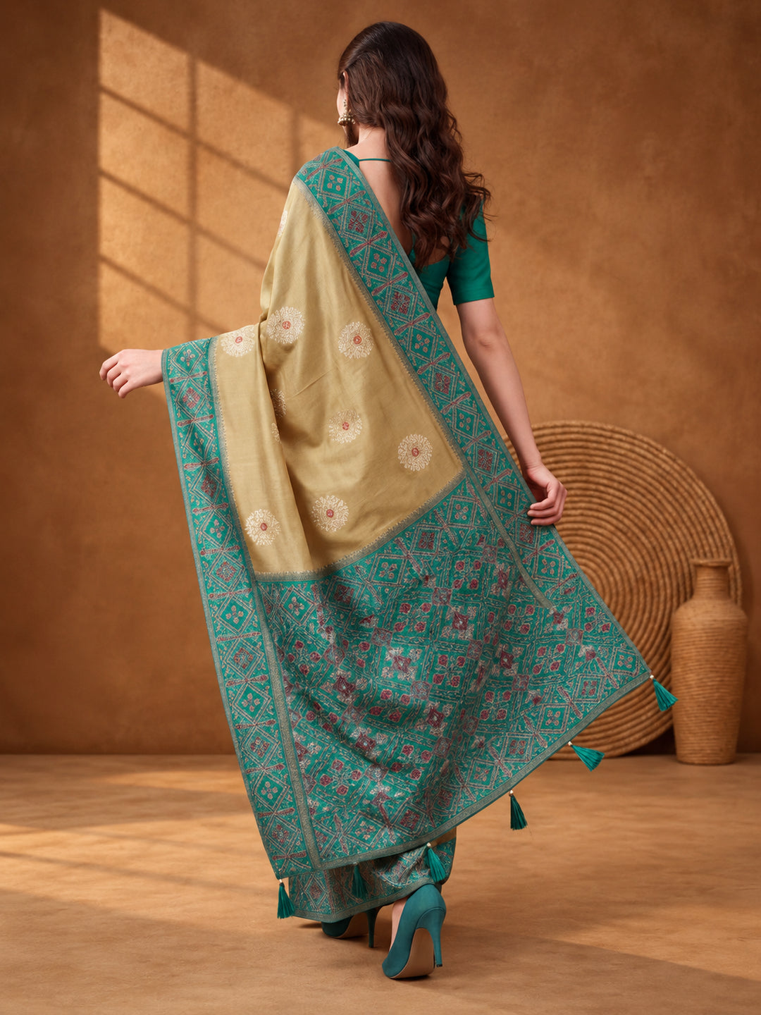 Women Beige Banarasi Silk Blend Saree with Ethnic Woven Border and Tassel Detail