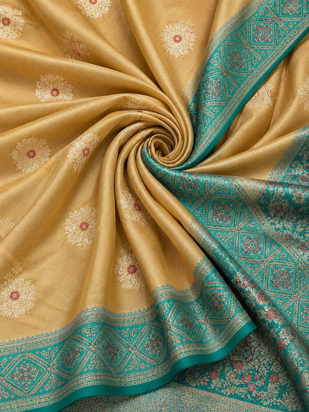 Women Beige Banarasi Silk Blend Saree with Ethnic Woven Border and Tassel Detail