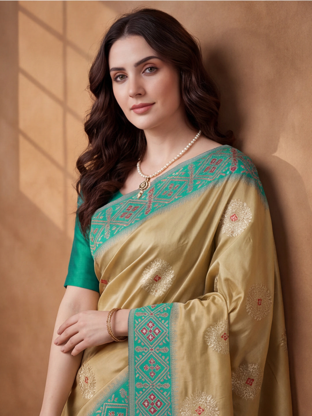 Women Beige Banarasi Silk Blend Saree with Ethnic Woven Border and Tassel Detail