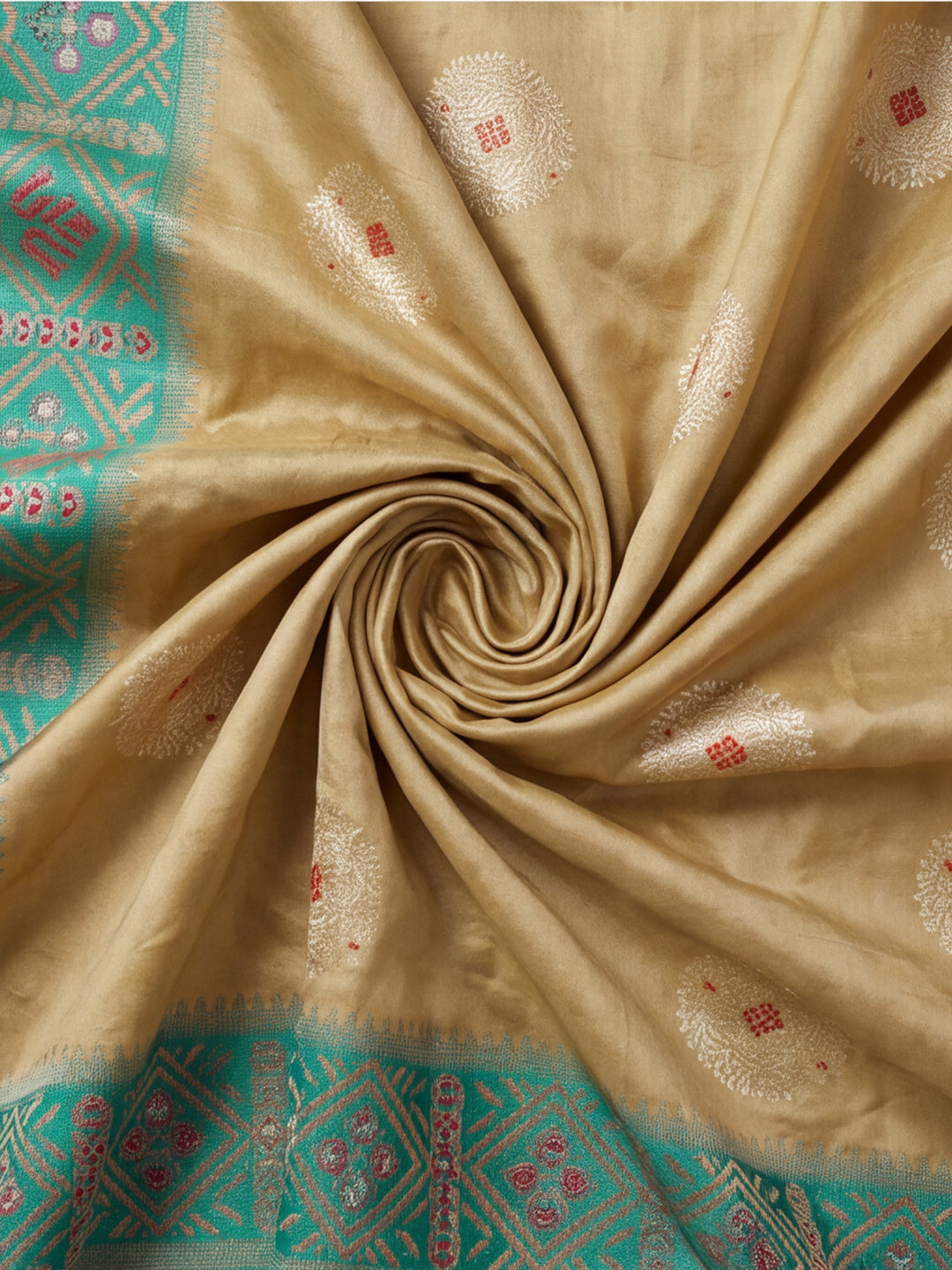 Women Beige Banarasi Silk Blend Saree with Ethnic Woven Border and Tassel Detail