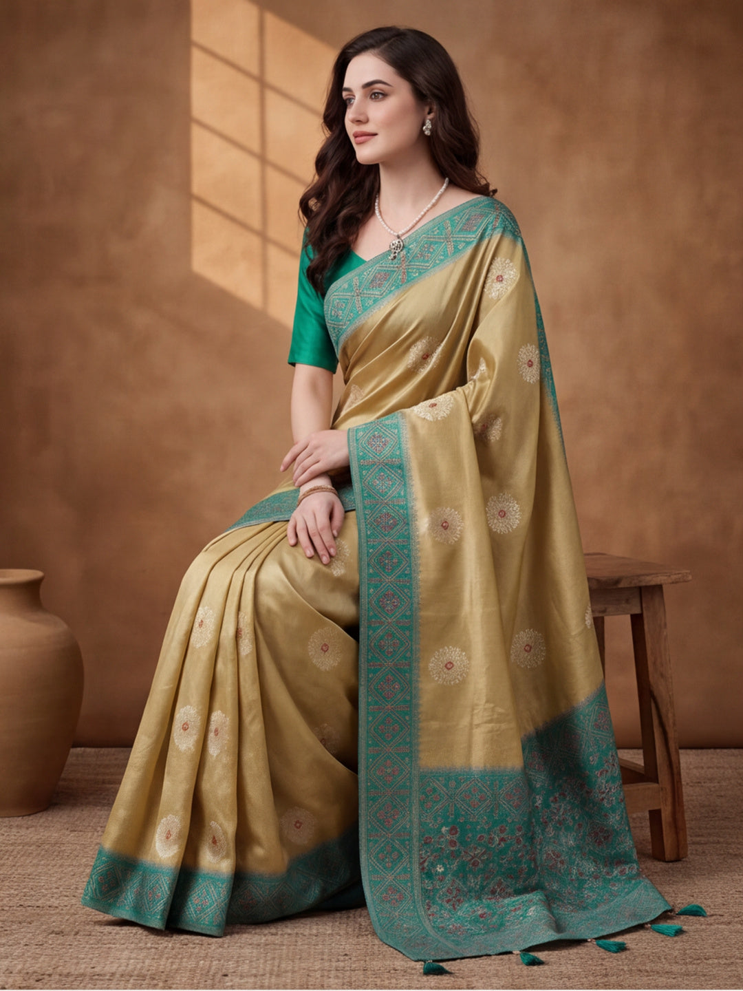 Women Beige Banarasi Silk Blend Saree with Ethnic Woven Border and Tassel Detail