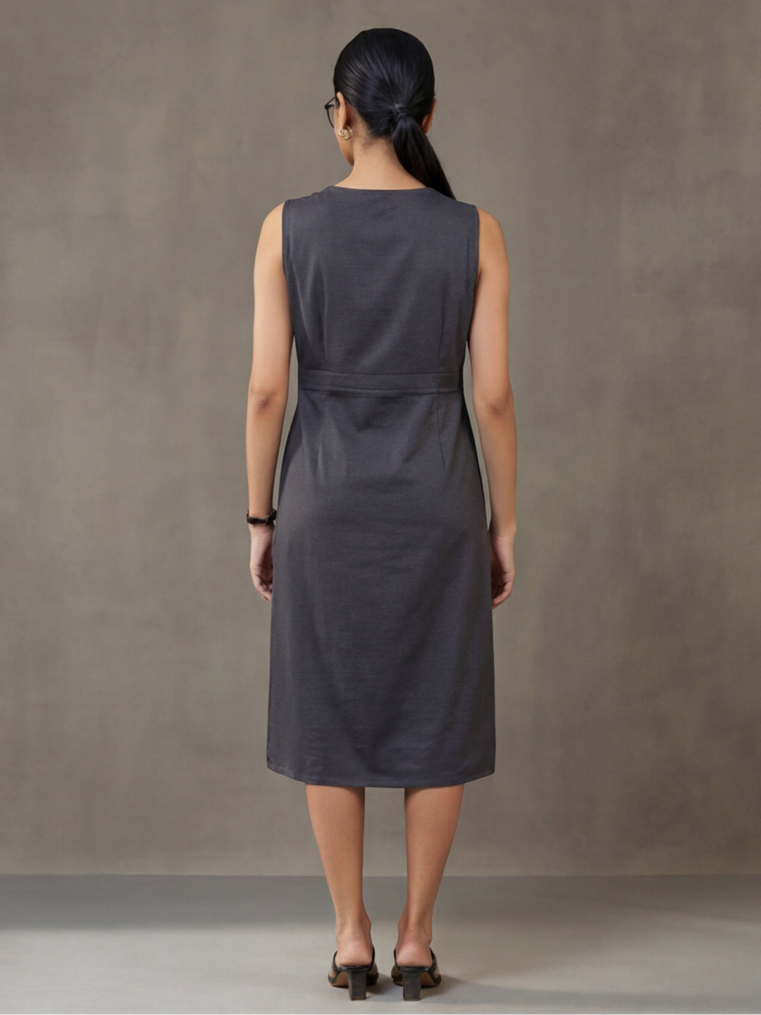 Grey Straight Fit Dress With Belt Detail