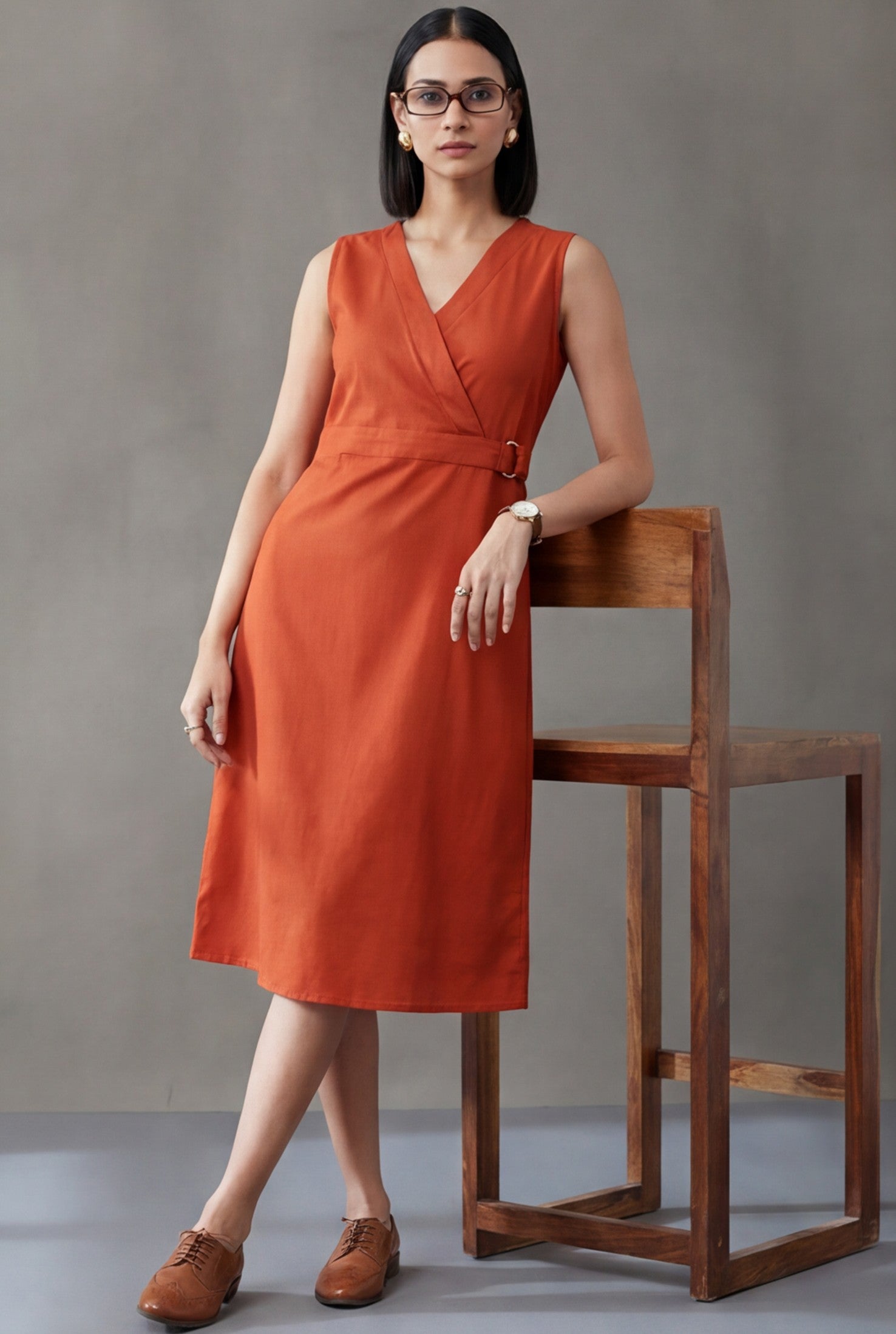 Rust Straight Fit Dress With Belt Detail