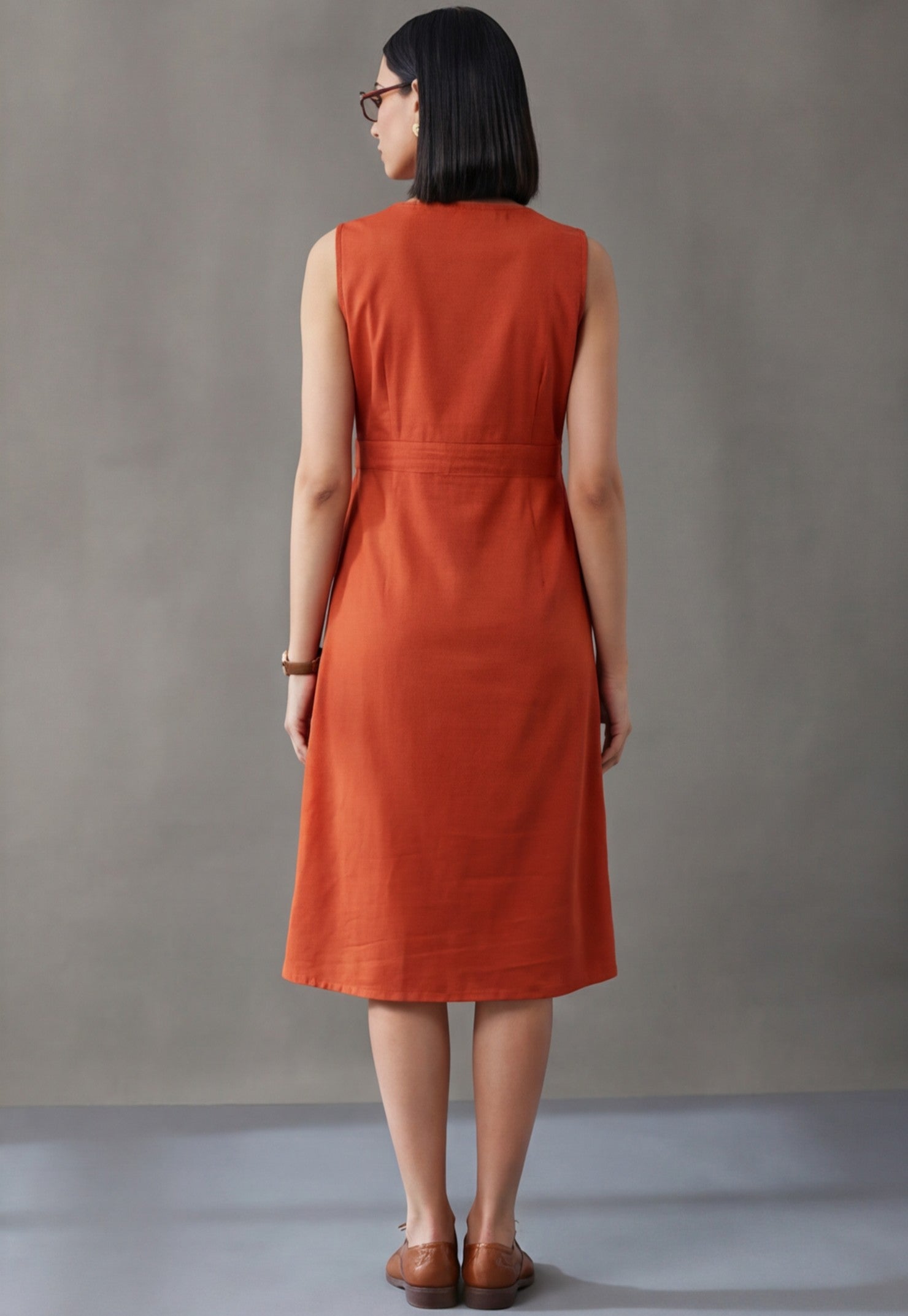 Rust Straight Fit Dress With Belt Detail