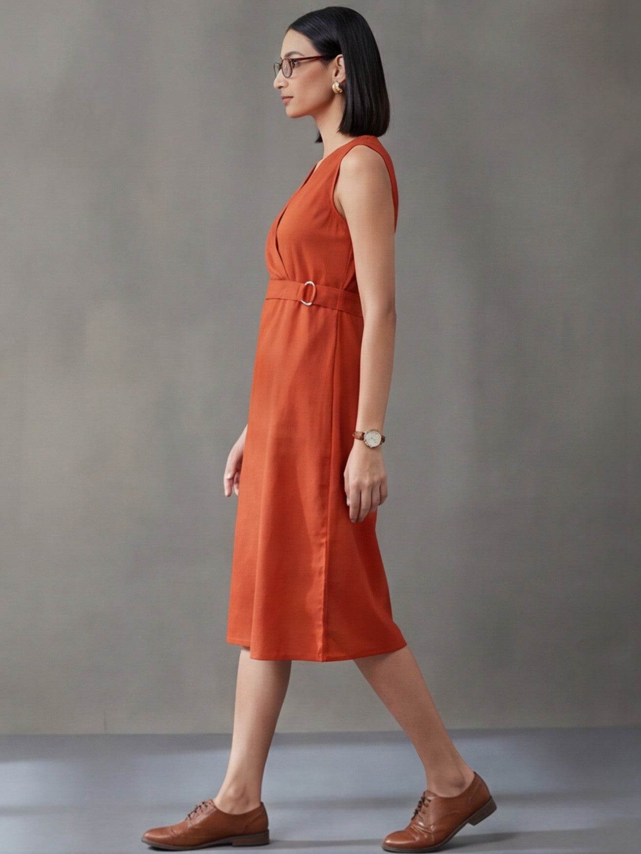 Rust Straight Fit Dress With Belt Detail