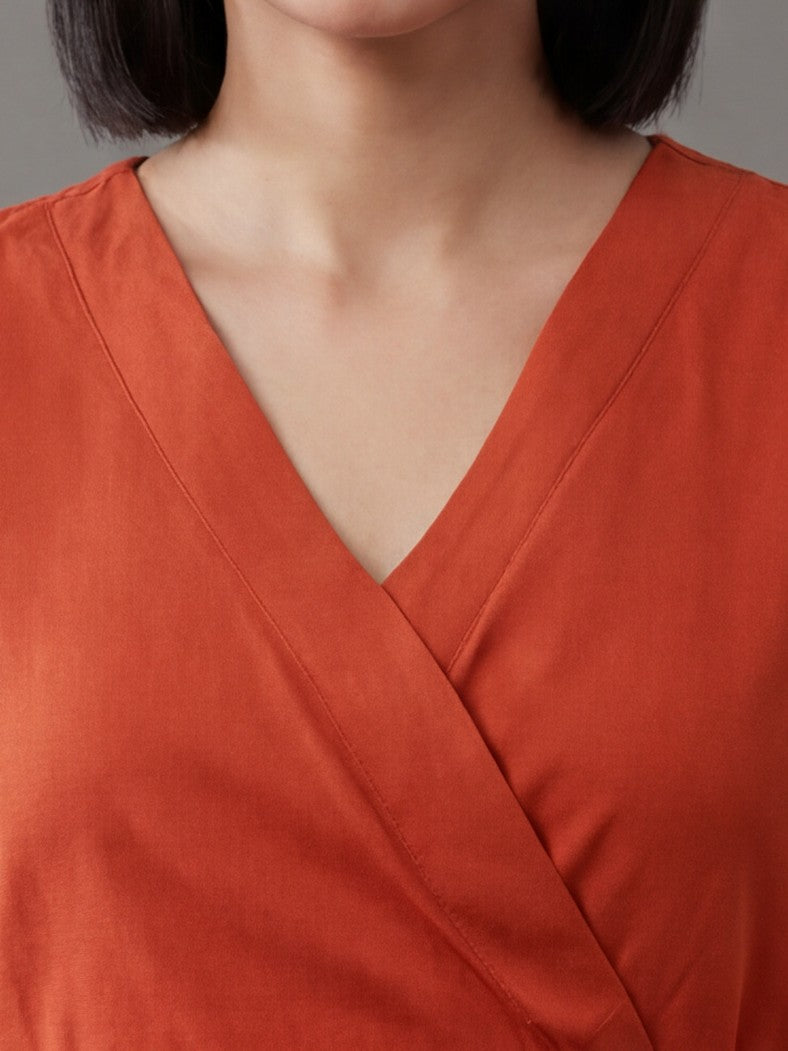Rust Straight Fit Dress With Belt Detail