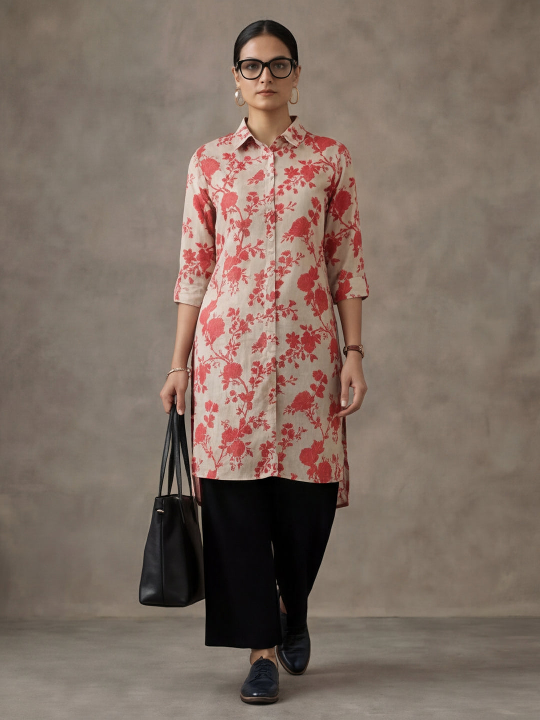 Floral Beige Collared Kurta