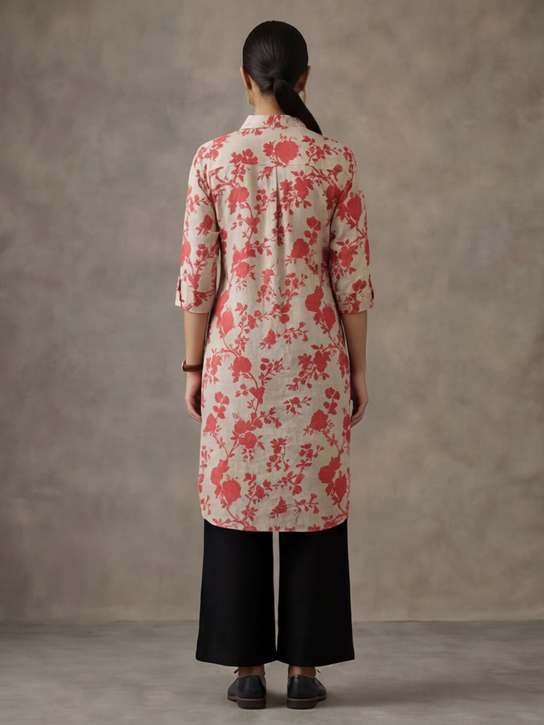 Floral Beige Collared Kurta