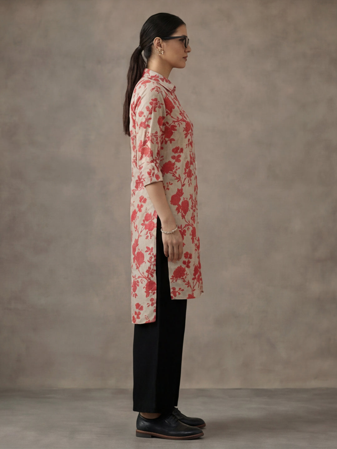 Floral Beige Collared Kurta