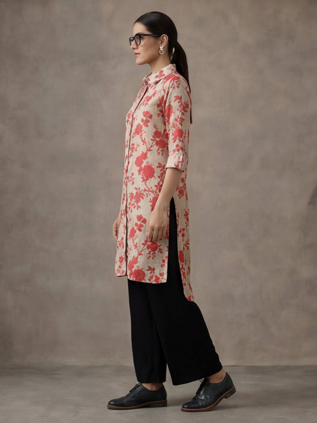Floral Beige Collared Kurta
