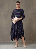 Navy Blue & Off-White Cotton Striped A-Line Dress