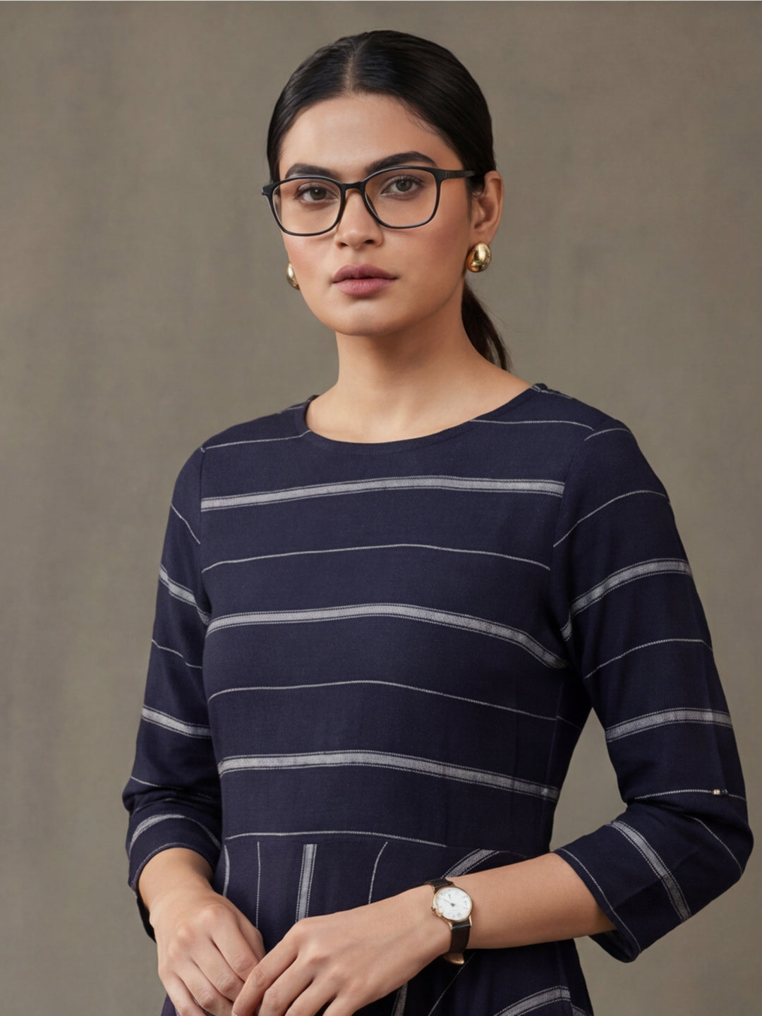 Navy Blue & Off-White Cotton Striped A-Line Dress