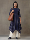 Navy Blue & Off-White Cotton Striped A-Line Kurta