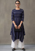 Navy Blue & Off-White Cotton Striped A-Line Kurta Sets