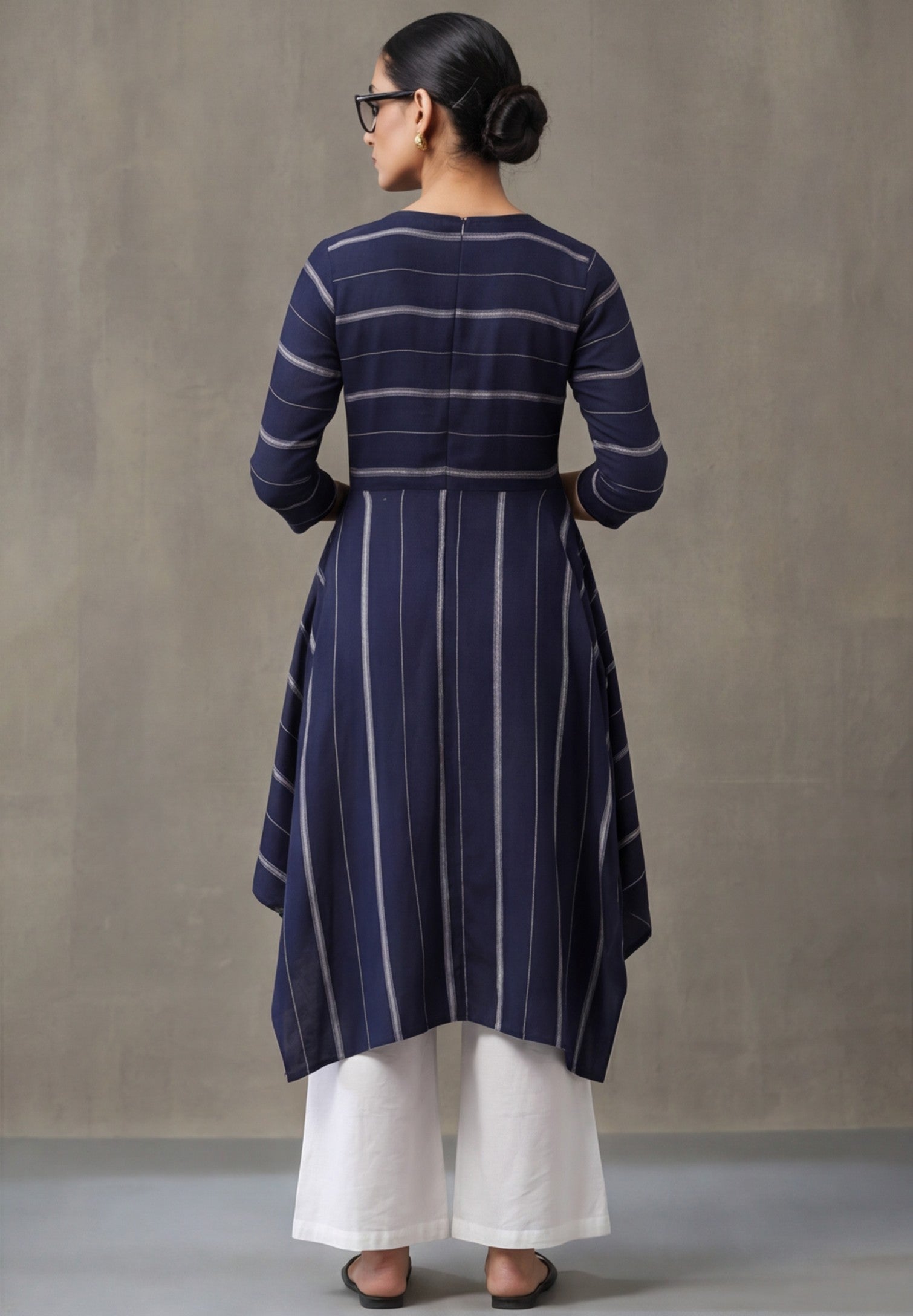Navy Blue & Off-White Cotton Striped A-Line Kurta Sets