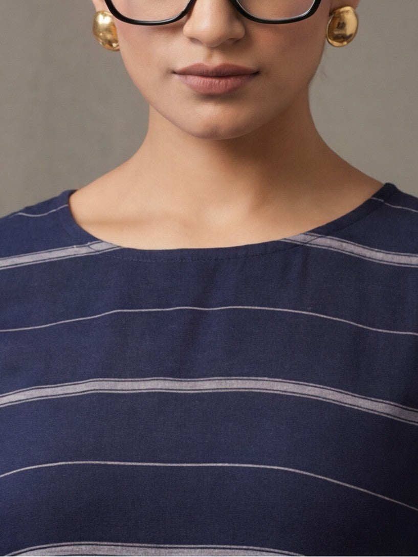 Navy Blue & Off-White Cotton Striped A-Line Kurta Sets