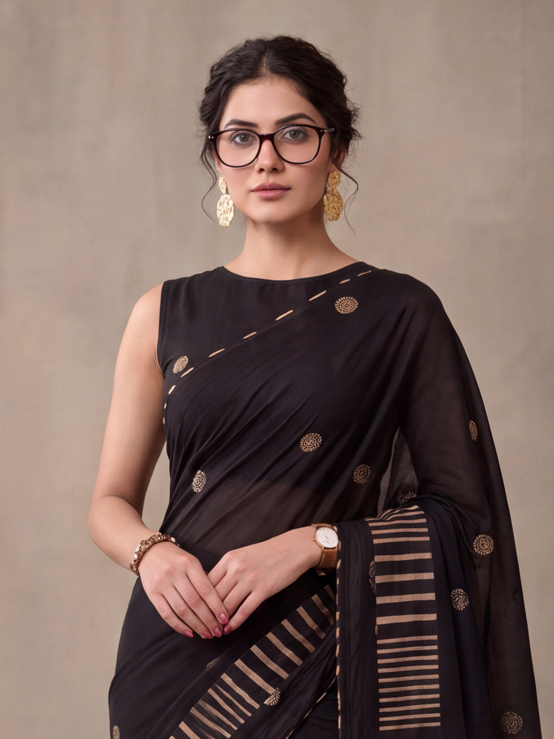 Digitally Printed Abstract & Floral Mul Cotton Saree with Contrast Blouse