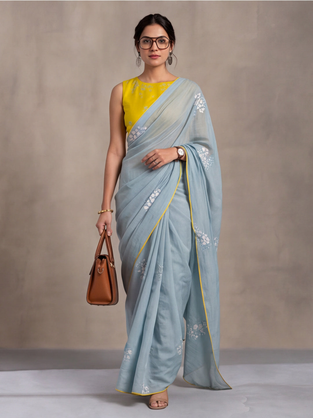 Digitally Printed Abstract & Floral Mul Cotton Saree with Contrast Blouse