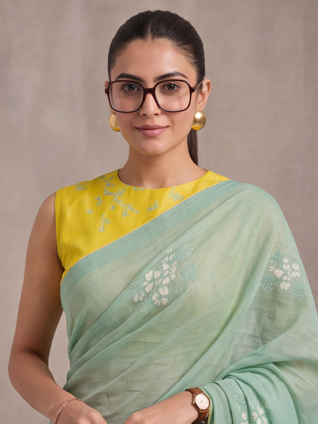 Digitally Printed Abstract & Floral Mul Cotton Saree with Contrast Blouse