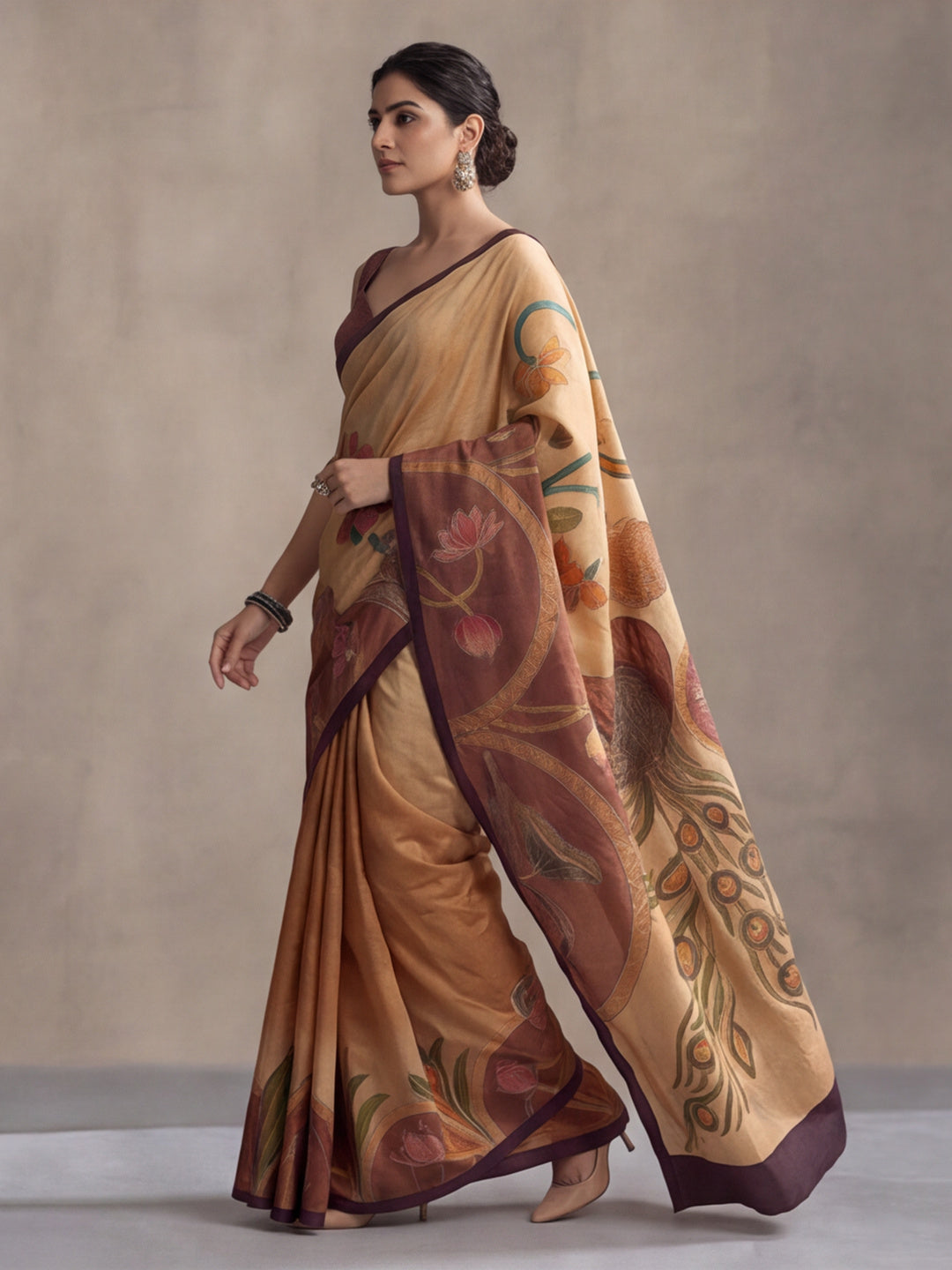 arthy Tone Digitally Printed Kantha-Look Cotton Saree with Contrast Border