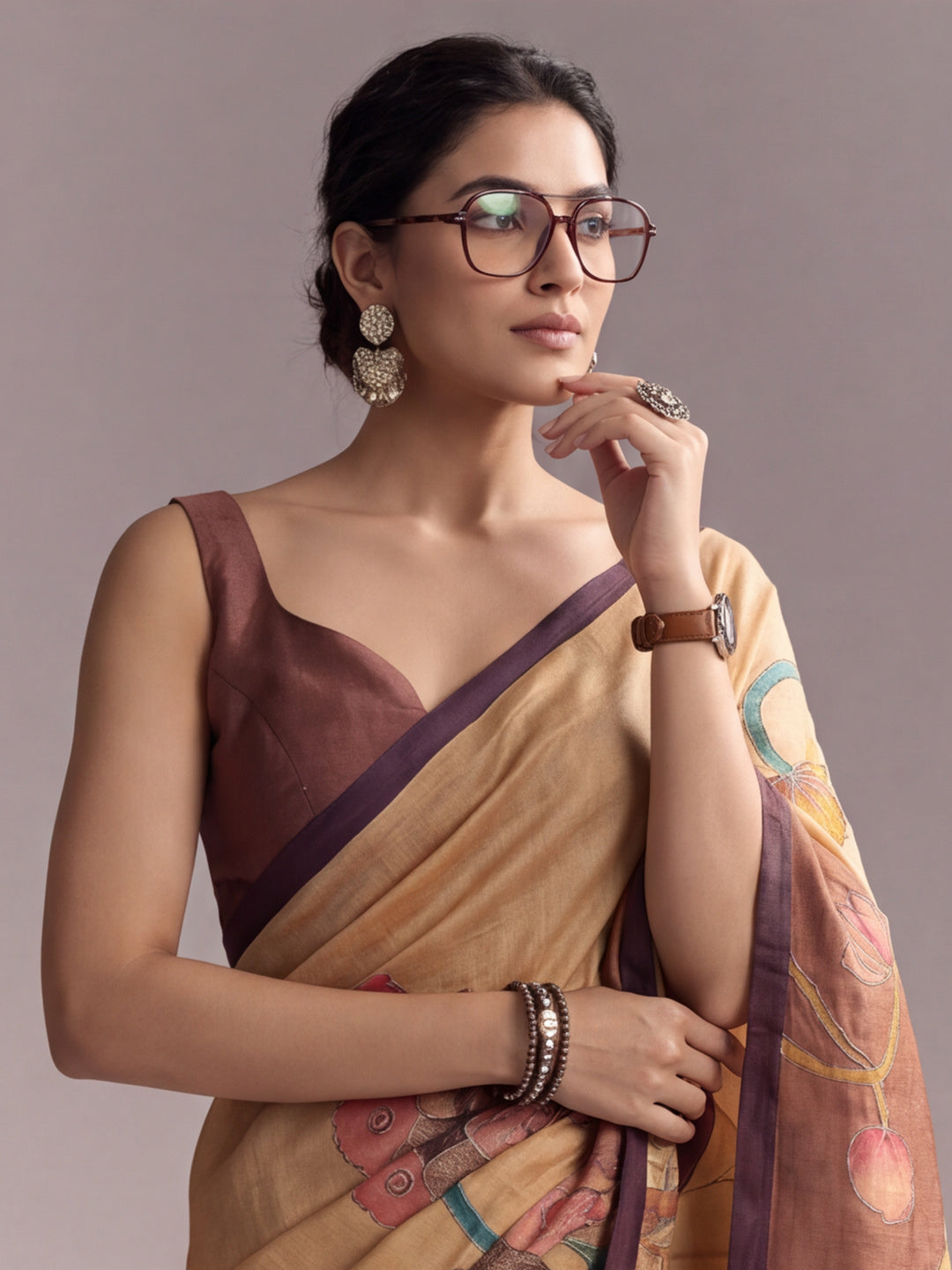 arthy Tone Digitally Printed Kantha-Look Cotton Saree with Contrast Border