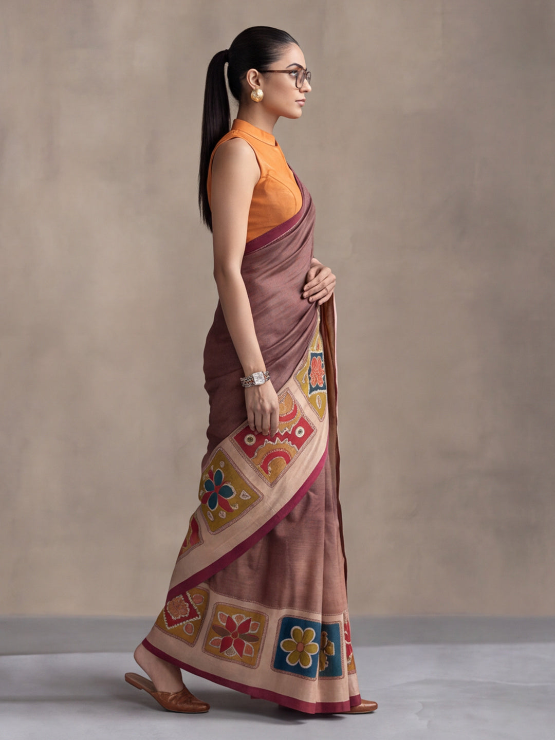 arthy Tone Digitally Printed Kantha-Look Cotton Saree with Contrast Border