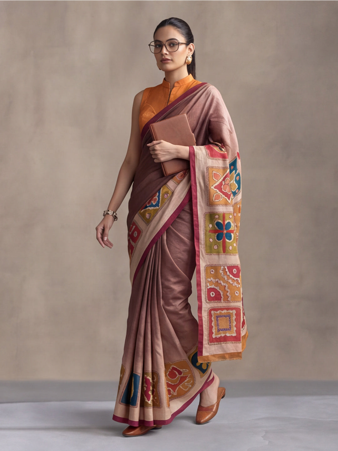 arthy Tone Digitally Printed Kantha-Look Cotton Saree with Contrast Border