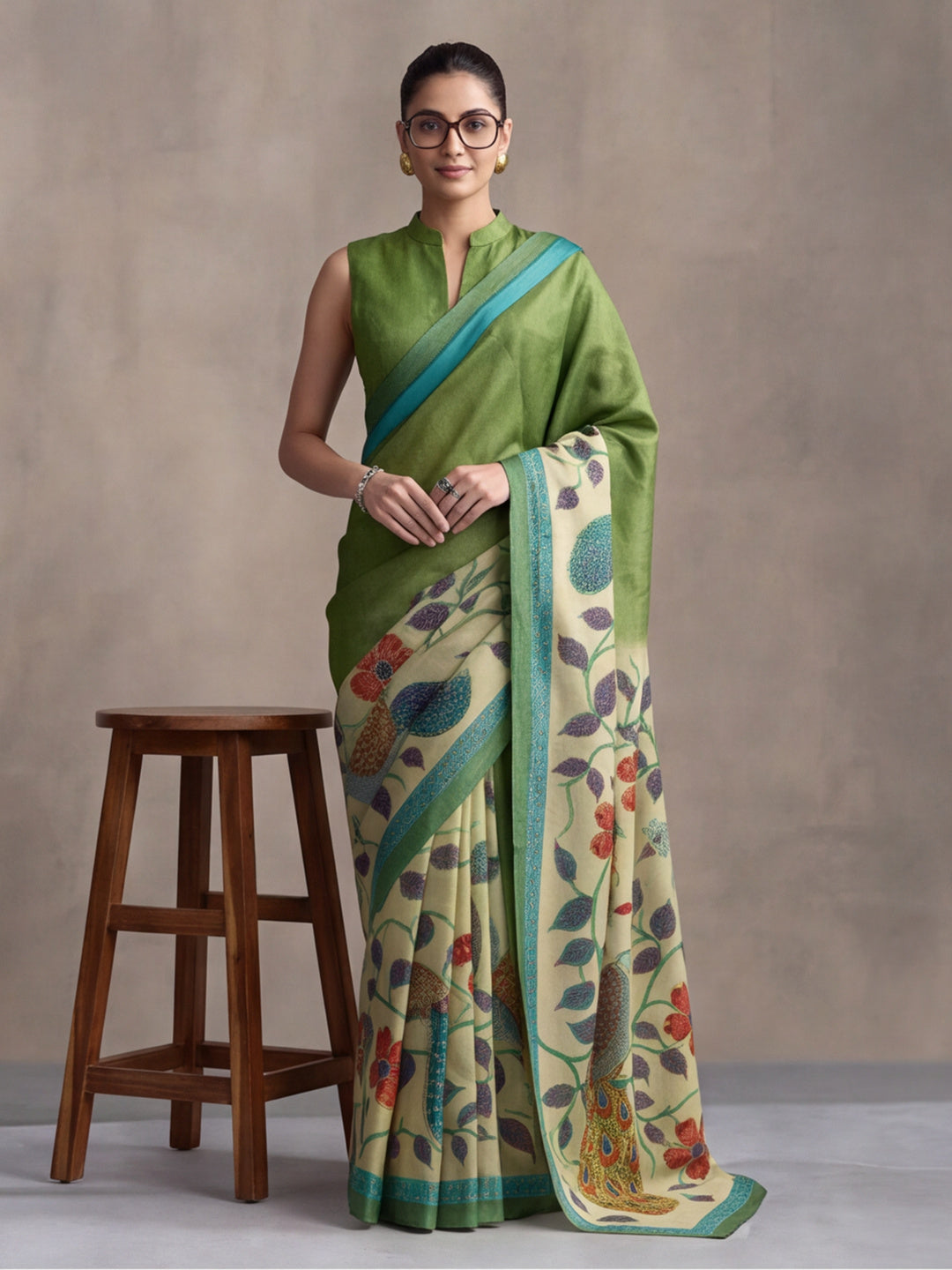 arthy Tone Digitally Printed Kantha-Look Cotton Saree with Contrast Border