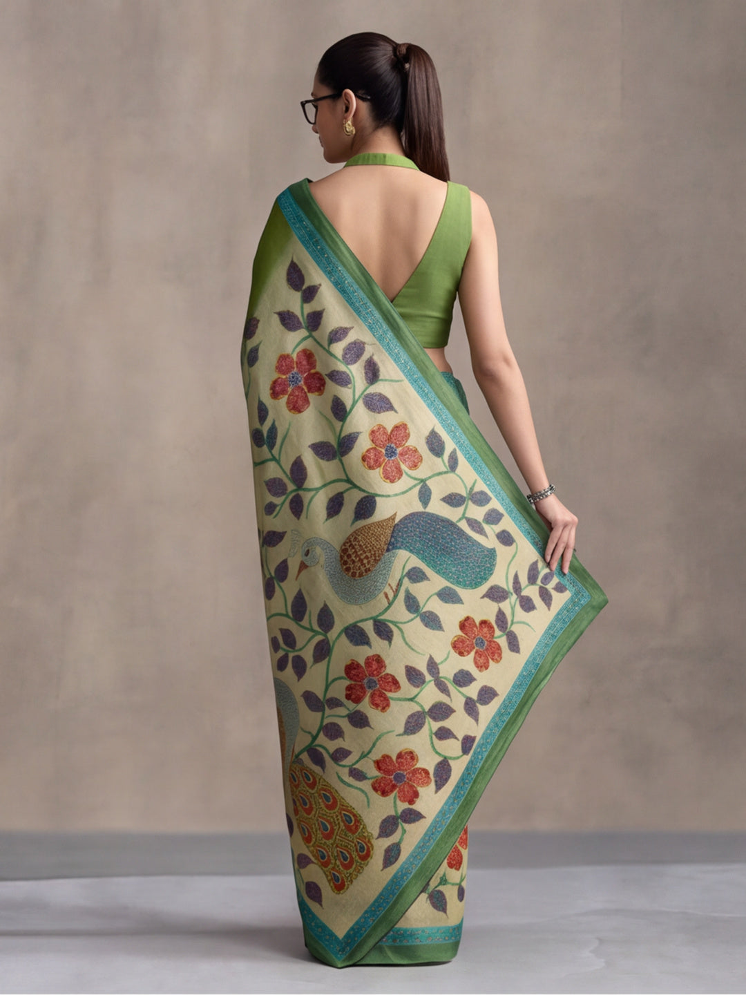 arthy Tone Digitally Printed Kantha-Look Cotton Saree with Contrast Border