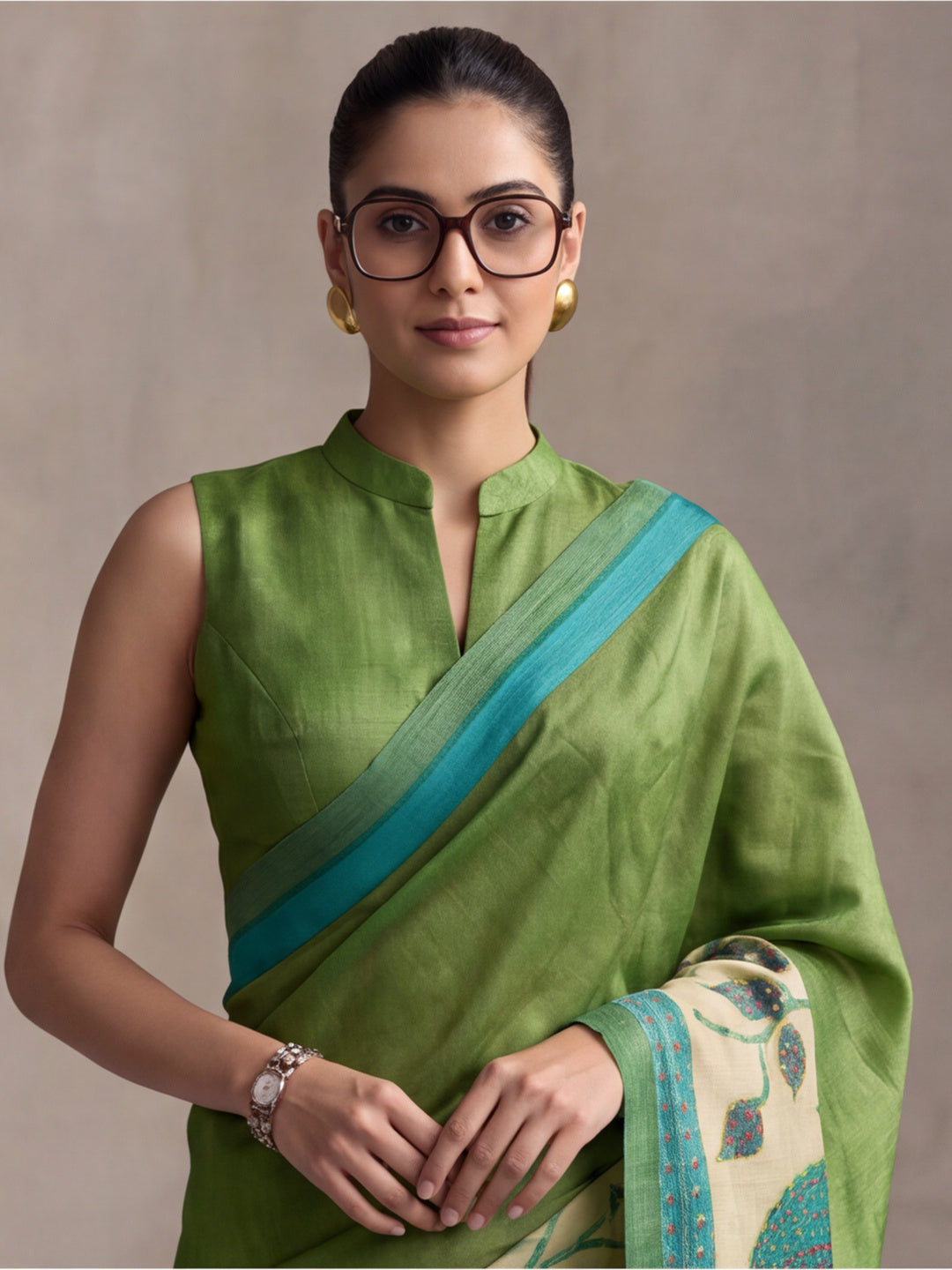 arthy Tone Digitally Printed Kantha-Look Cotton Saree with Contrast Border