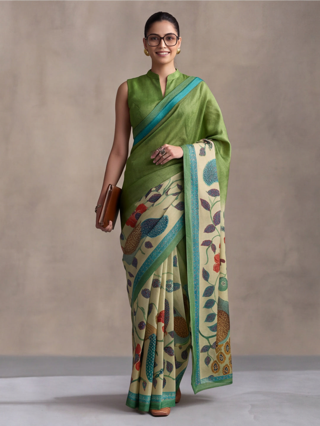 arthy Tone Digitally Printed Kantha-Look Cotton Saree with Contrast Border