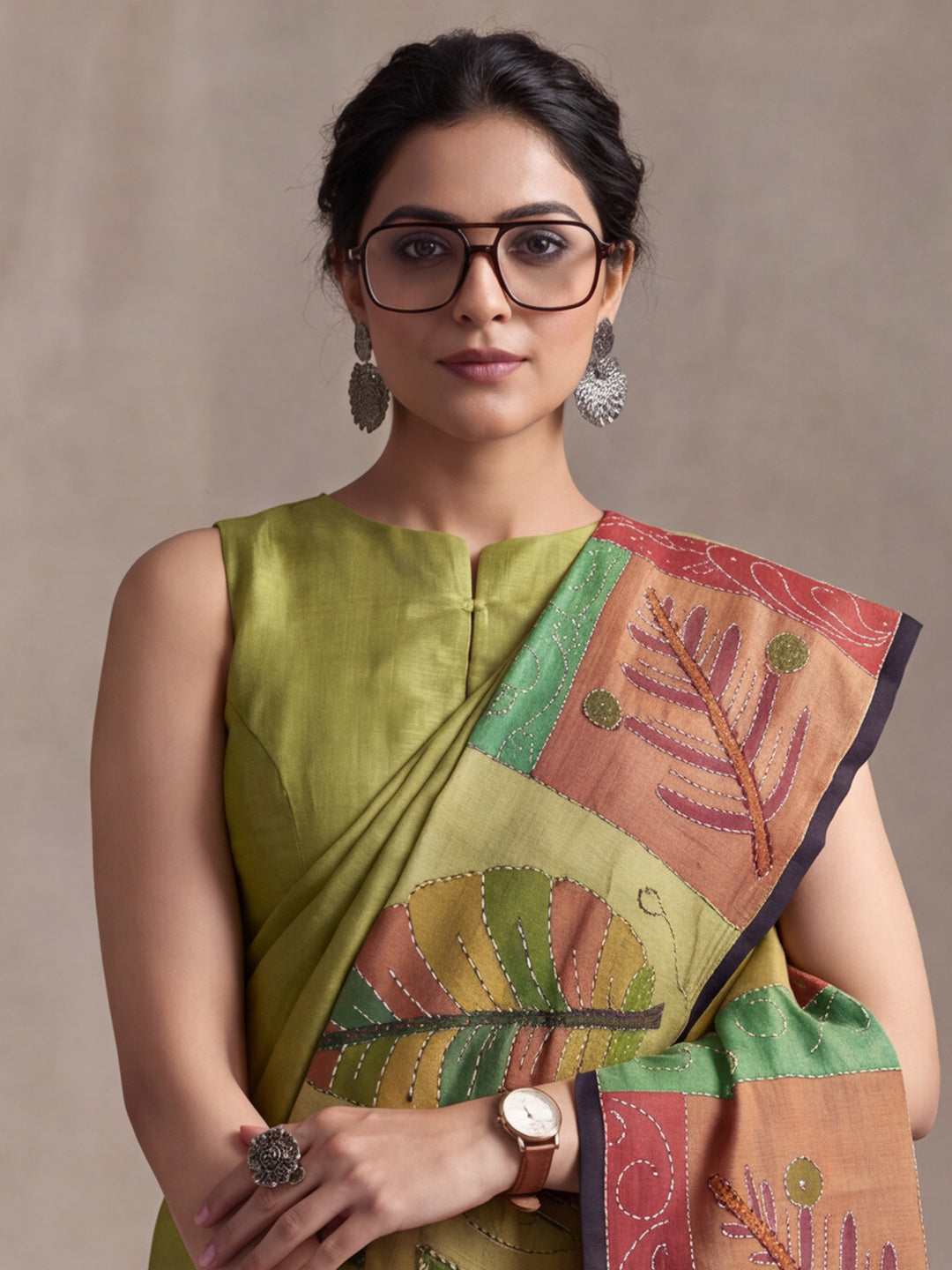 arthy Tone Digitally Printed Kantha-Look Cotton Saree with Contrast Border