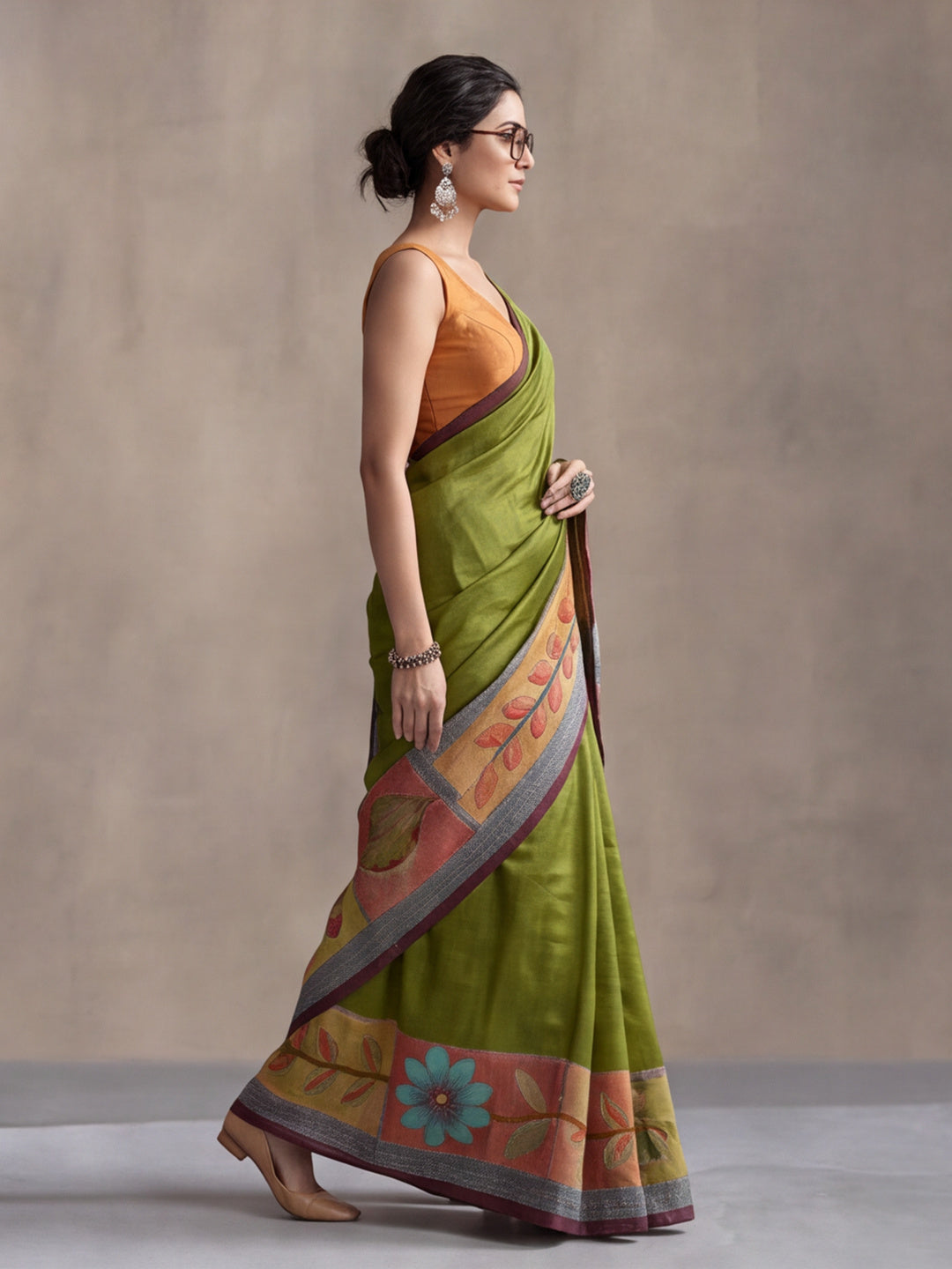 arthy Tone Digitally Printed Kantha-Look Cotton Saree with Contrast Border