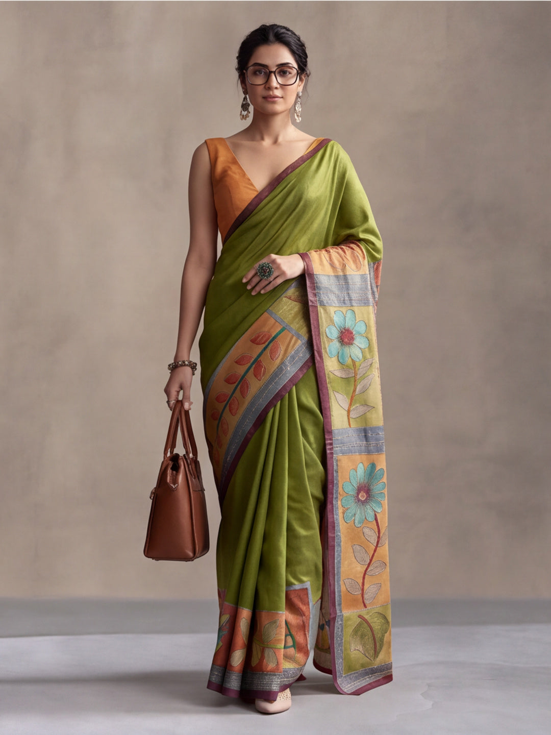 arthy Tone Digitally Printed Kantha-Look Cotton Saree with Contrast Border