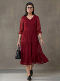 Red Color Polka Self Weave Georgette Tiered Lace Inserted Dress