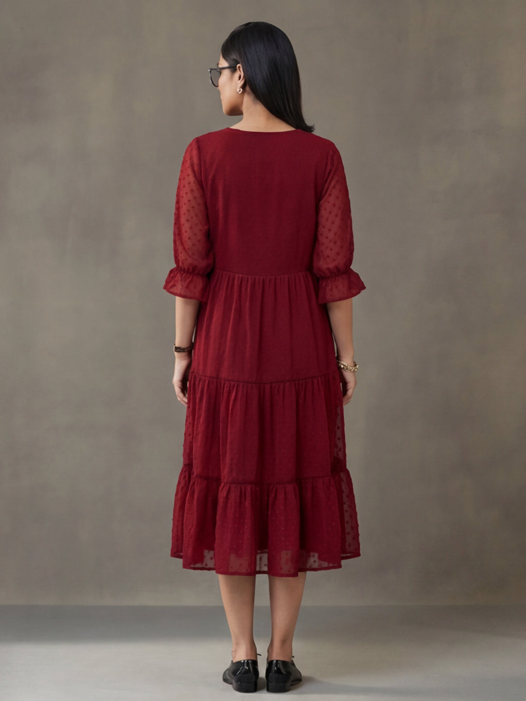 Red Color Polka Self Weave Georgette Tiered Lace Inserted Dress